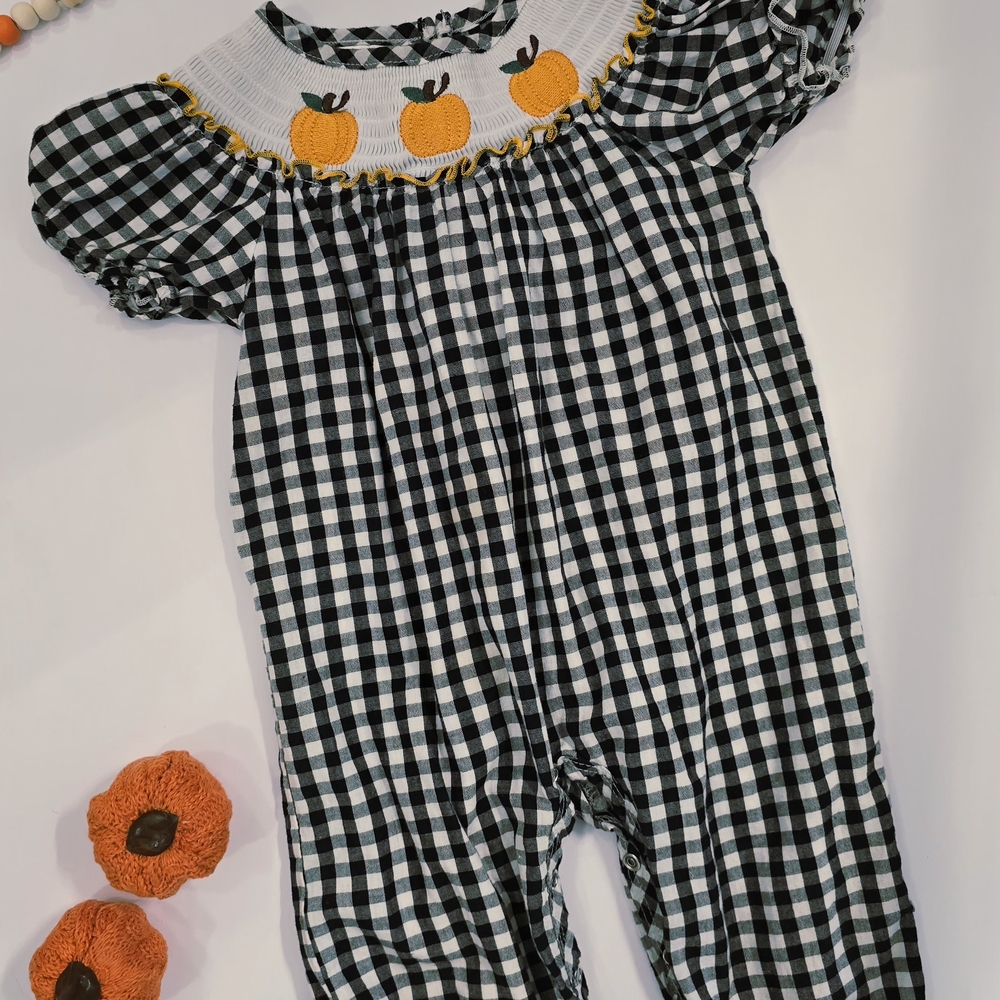 Black and White Gingham Baby Romper with Orange Pumpkin Embroidery